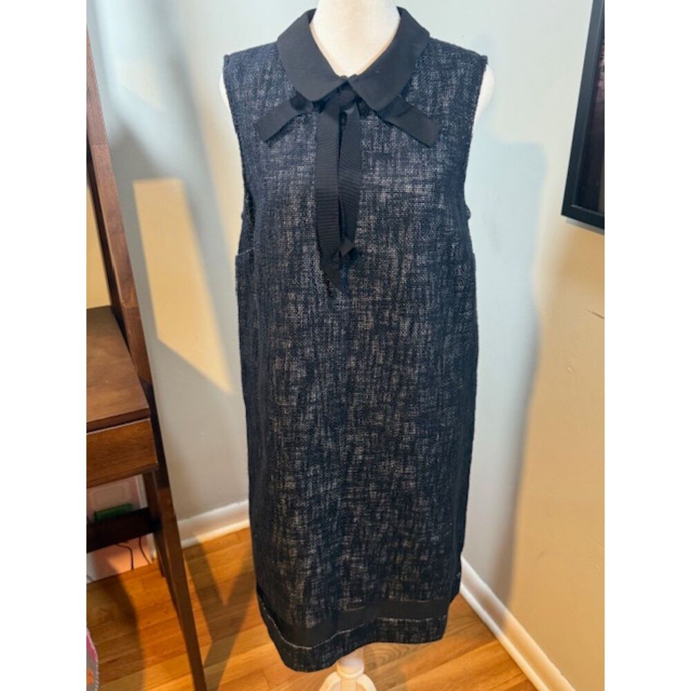 Karl Lagerfeld Black Textured Sleeveless Midi Dress with Ribbon Collar